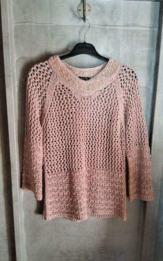 Apanage Pale Pink Crochet Knit Jumper – Size M (10/12) – Lightweight Layering with 3/4 Sleeves
