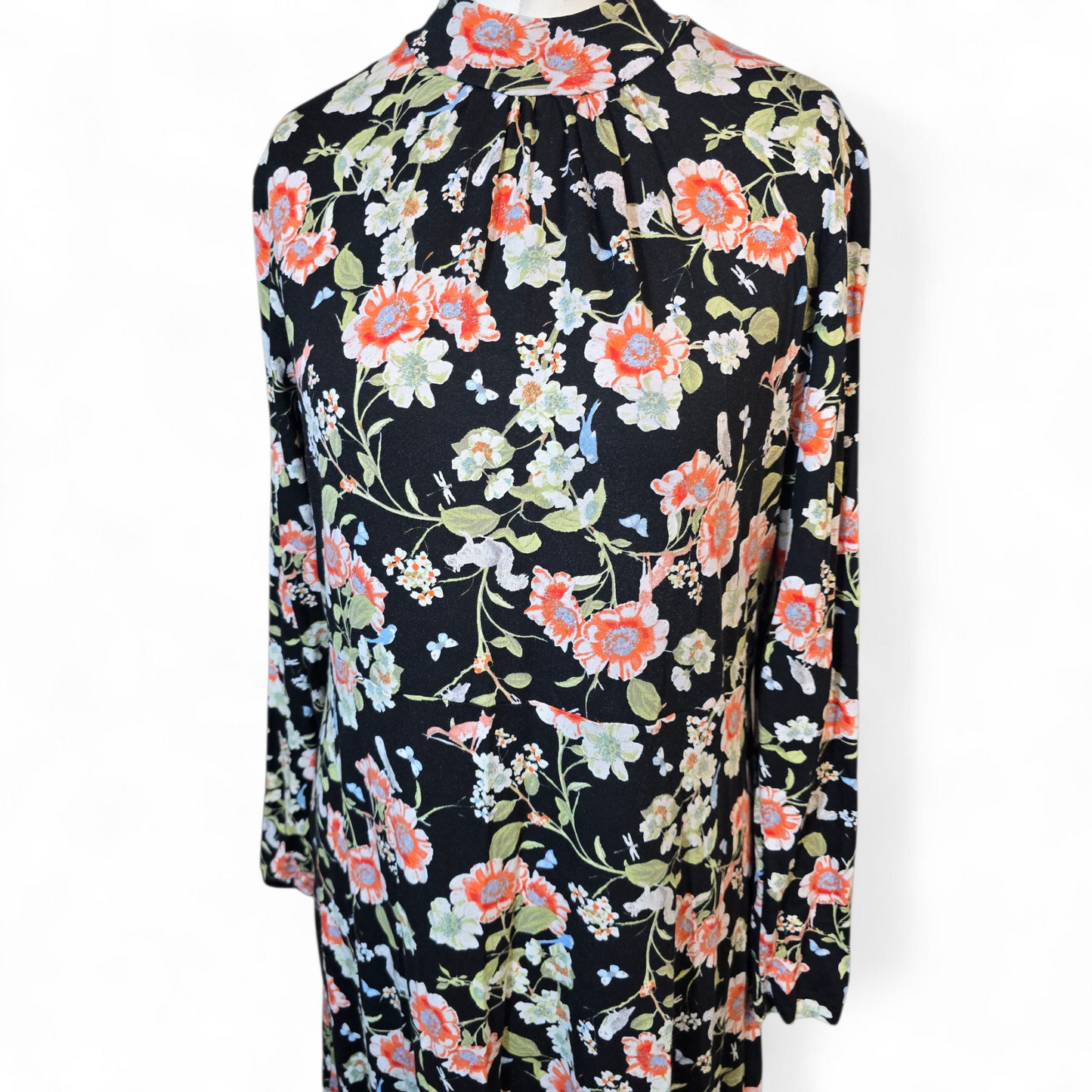 Tu Black Floral Stretch Dress – High Neck, Knee to Midi Length – Size 16