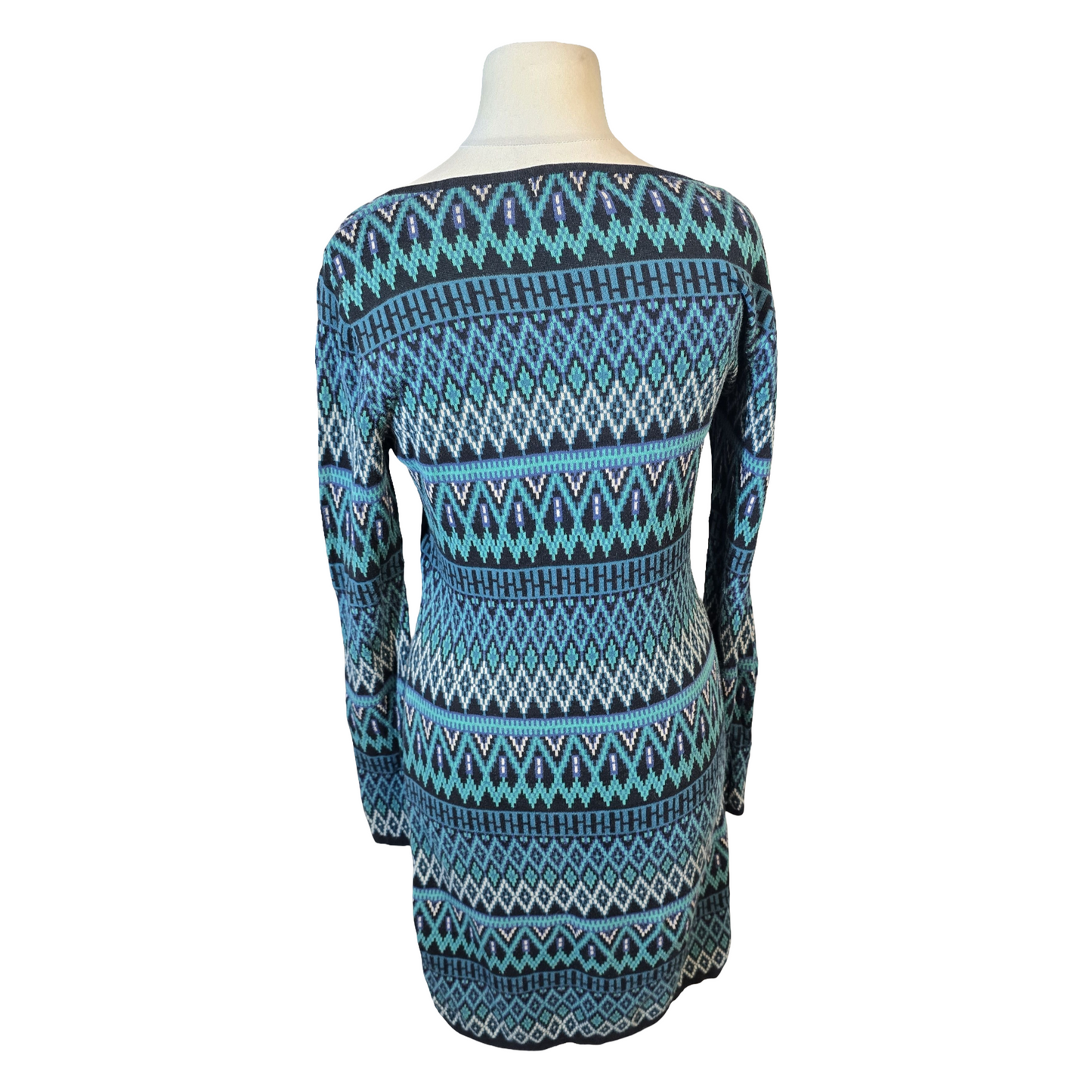 Monsoon Green, Black & White Patterned Jumper Dress – Size M (size 12/14)