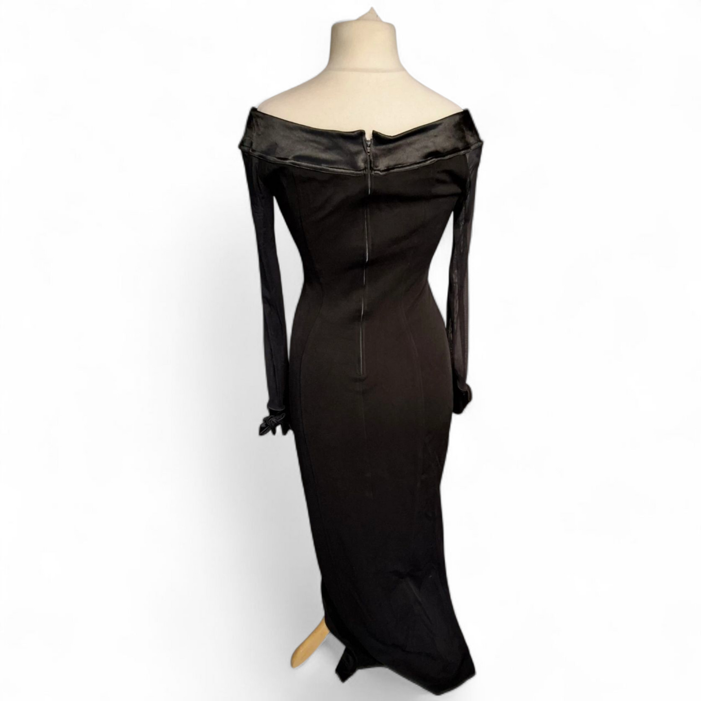 Tadaski Vintage 80s Black Off-Shoulder Maxi Dress – Sheer Sleeves