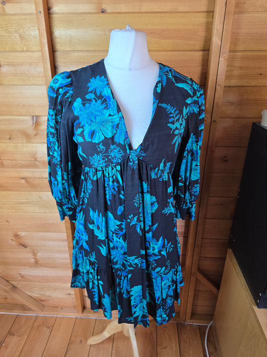 Next Black & Green Floral Fit & Flare Dress Size 12 Tall – V-Neck, Long Sleeves, NWT