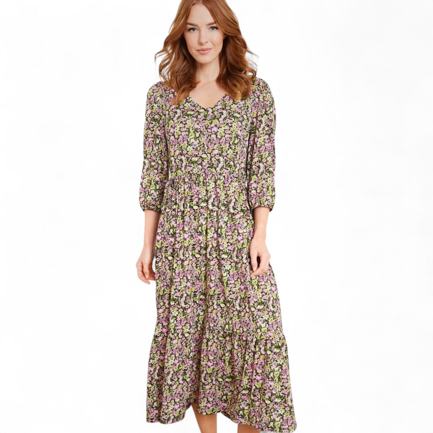 Nutmeg Pink & Green Floral Midi Dress – Size 12