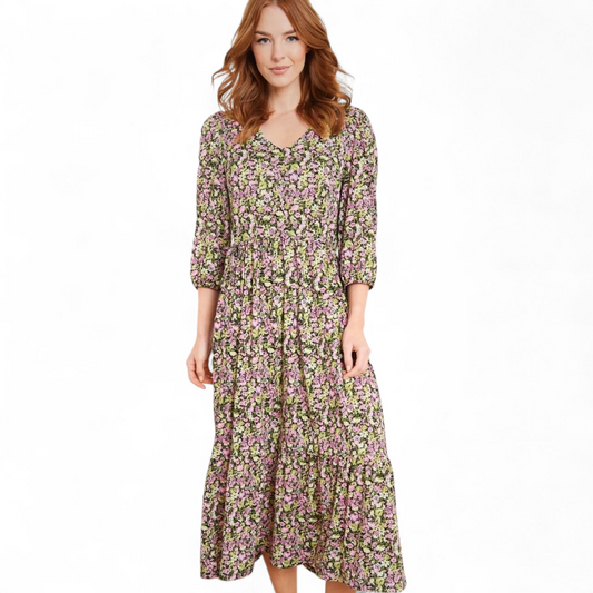 Nutmeg Pink & Green Floral Midi Dress – Size 12