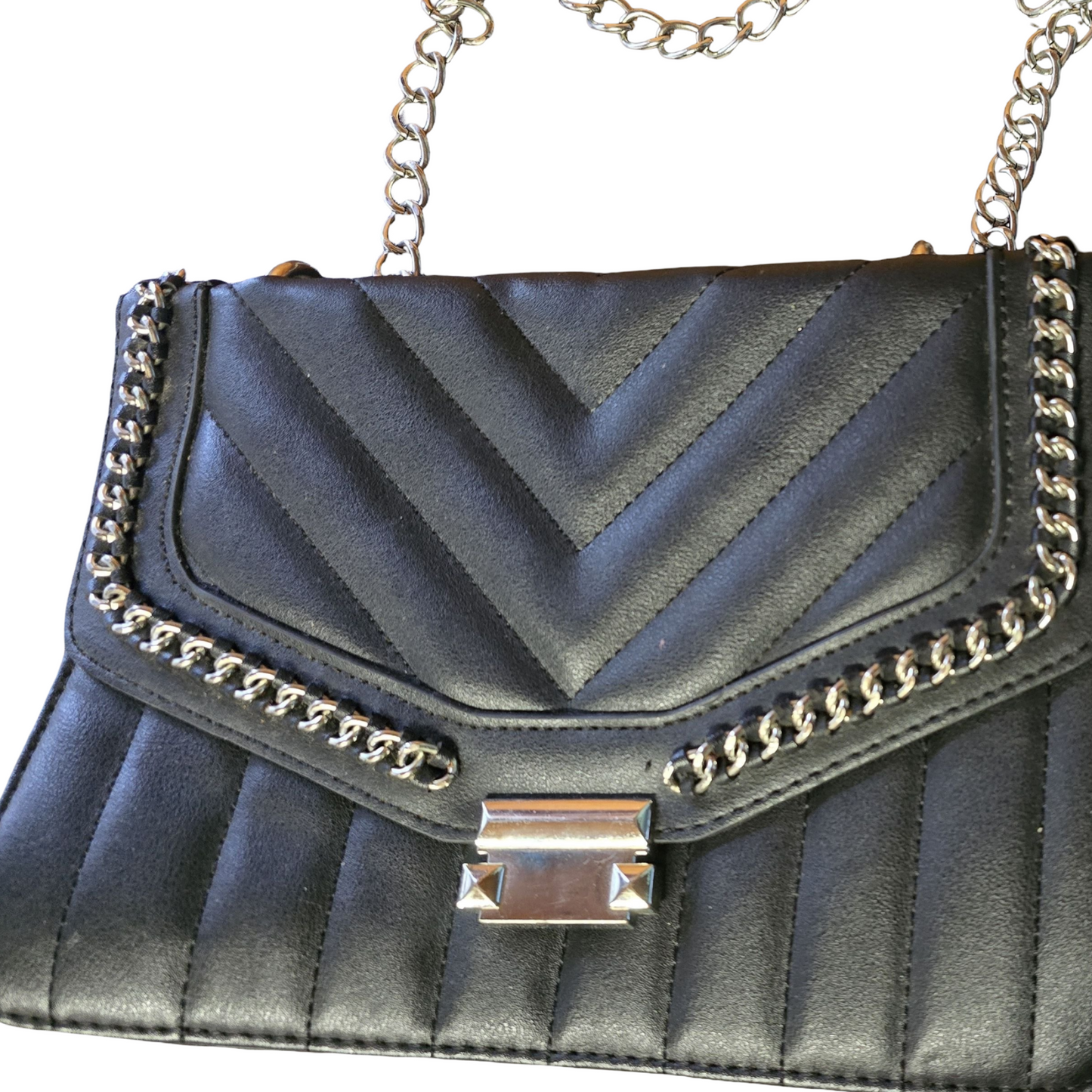 Primark Black Quilted Chain Bag – Popper Close & Dual Strap
