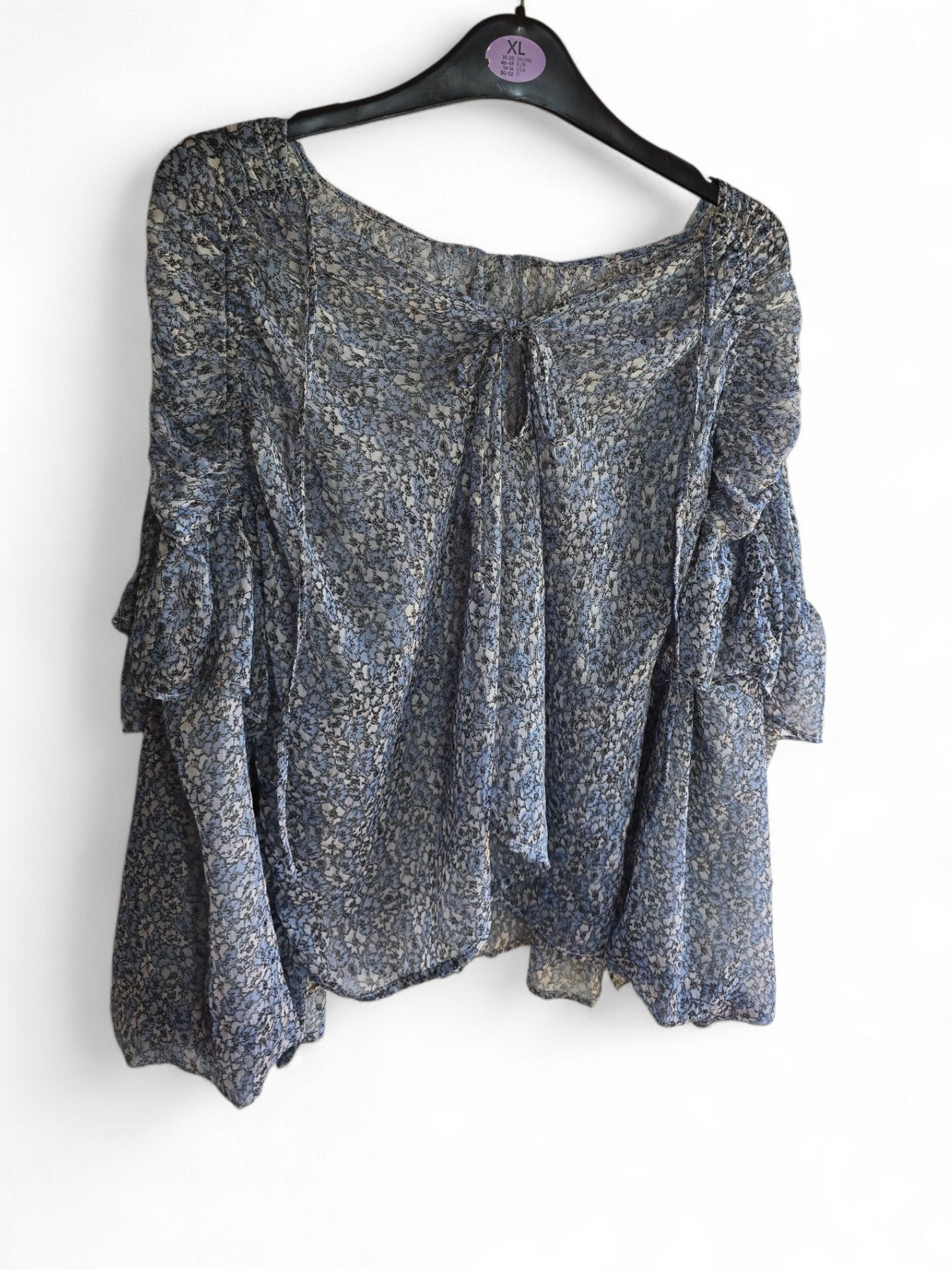 Topshop Blue & White Sheer Floral Blouse | Size 10 UK | Frill Shoulder & Bow Tie