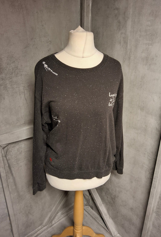 H&M Grey Speckled Slogan Sweatshirt – Size M (UK size 10–12) – “Happiness” Jumper