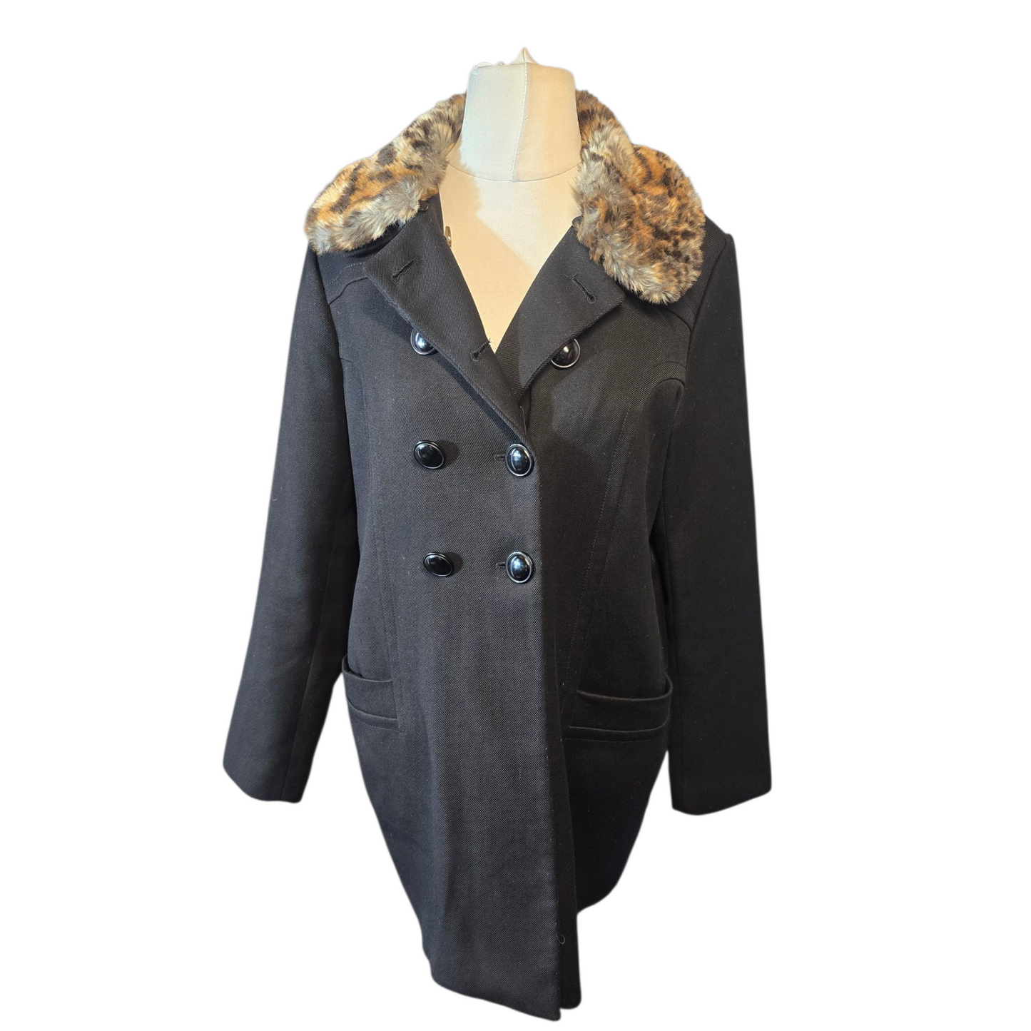 Next Black Midi Coat – Size 14 – Detachable Leopard Faux Fur Collar & Button Up