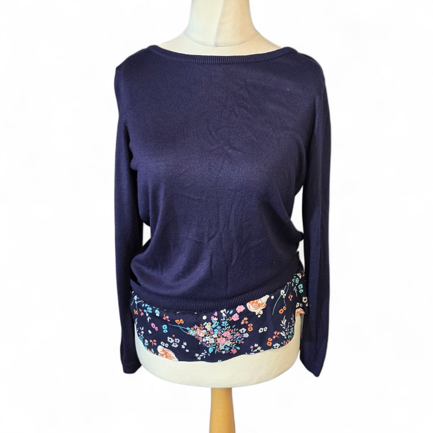 George Navy Floral Hem Jumper – Size 10 – Tie Back & Layered Shirt Look