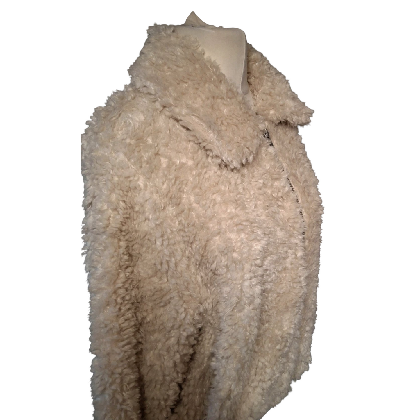 H&M Cream Faux Fur Teddy Coat – Zip Up, Pockets, Lined, Size L (size 16/18) – Cosy Mid Length