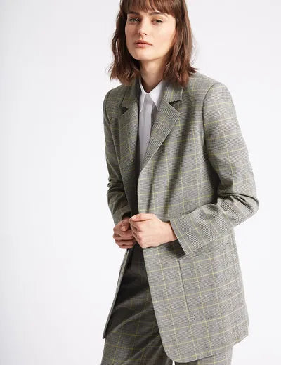 M&S Grey & Yellow Check Oversized Midi Blazer – Size 10