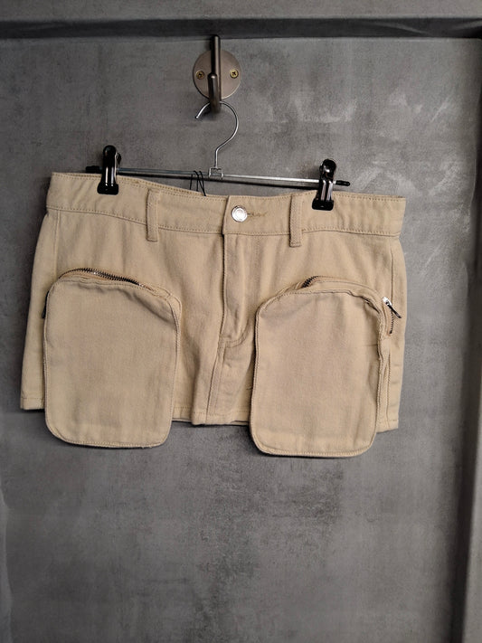 PrettyLittleThing Beige Denim Miniskirt | Size 8 UK | New With Tags | Zipped Pockets | 27" Length