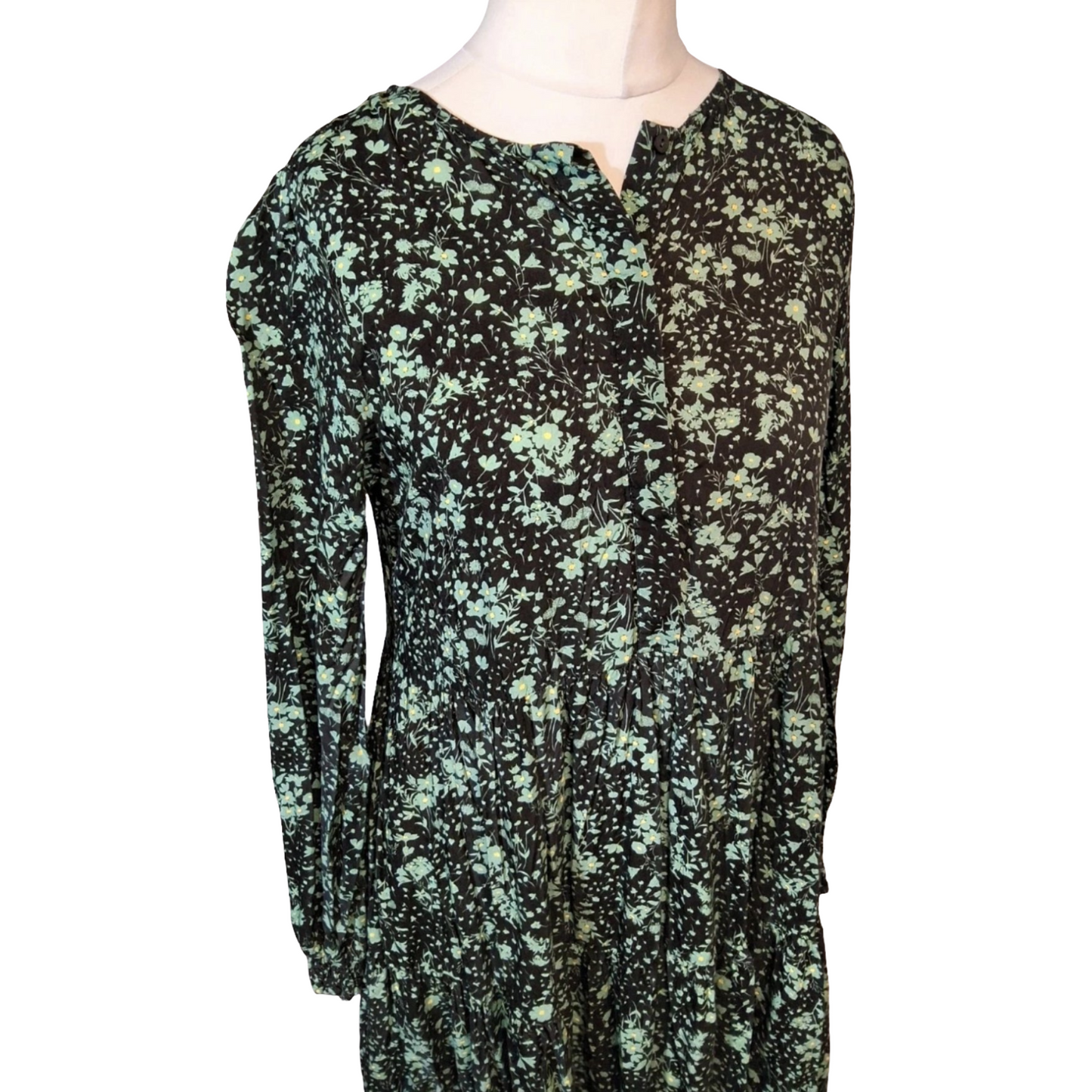 Zara Black & Green Floral Midi Dress – Long Sleeve – Size S (UK size 10/12)