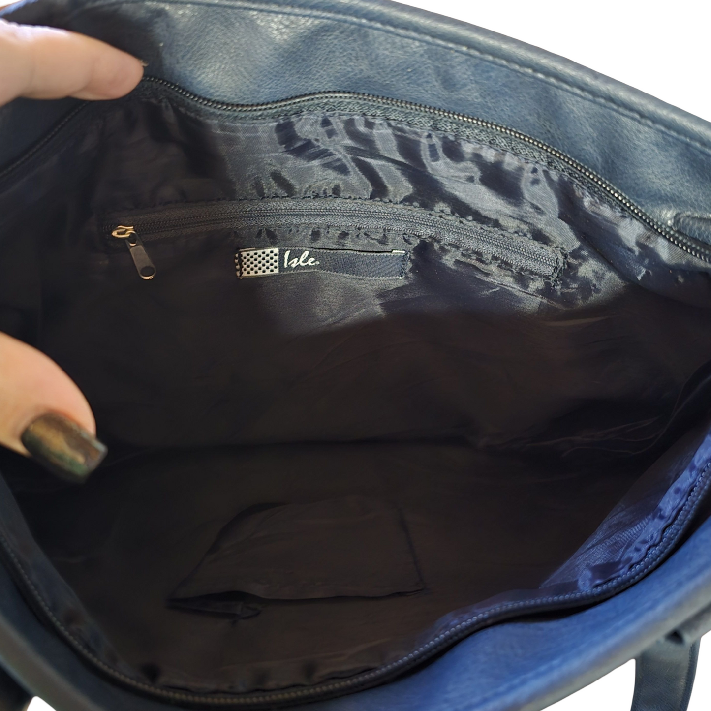 Navy Blue Faux Leather Shoulder Bag | Medium Size | Zip Closure | Everyday Tote | Isle