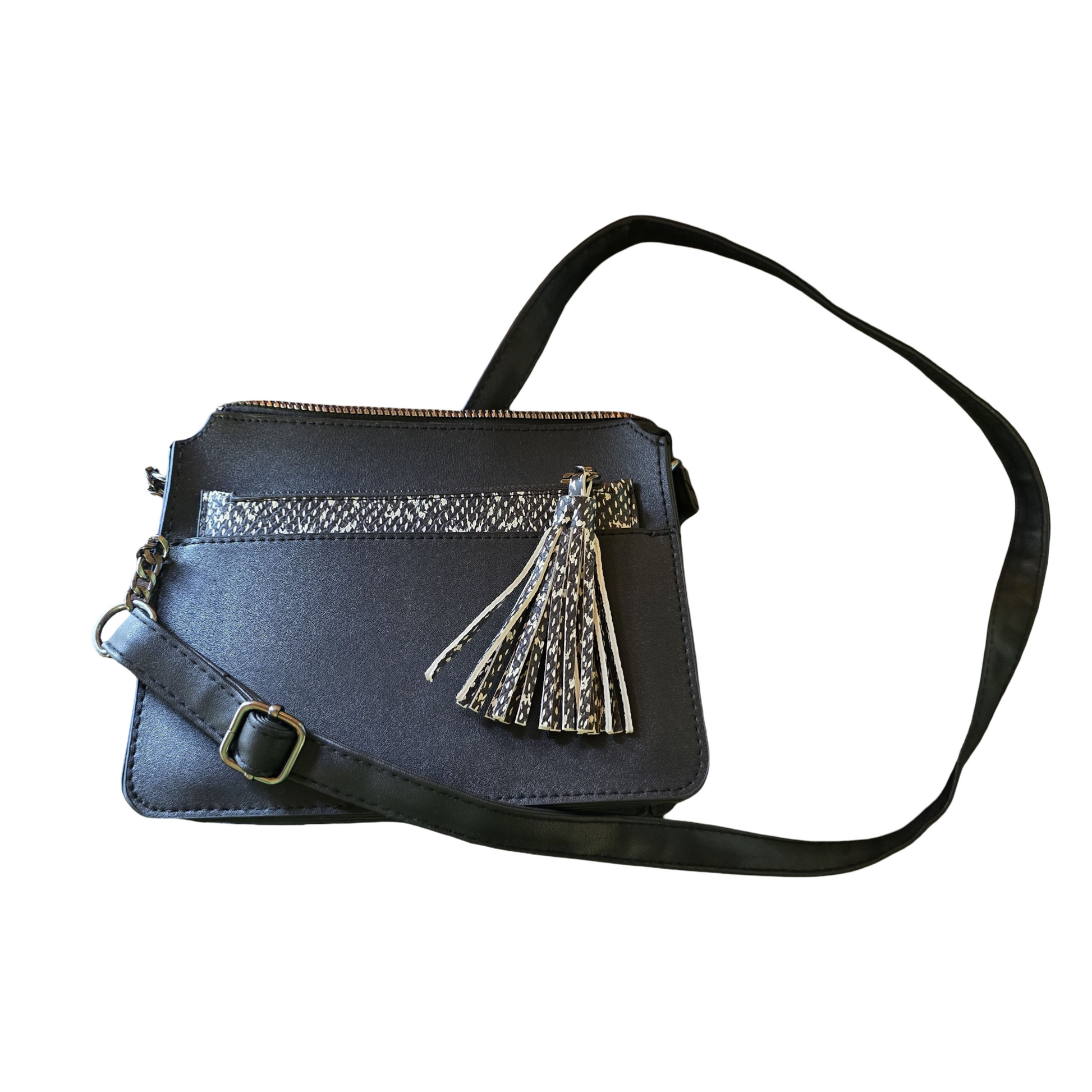 Primark Black Tassel Shoulder Bag – Adjustable Strap, Zip Close, Coin Purse, 22x18cm