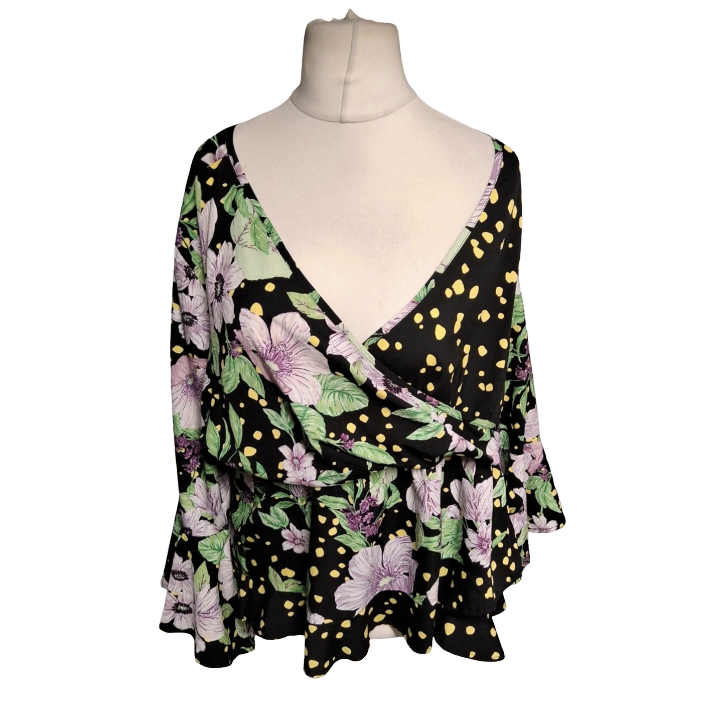 Simply Be Size 22 Wrap Peplum Top – Floral & Polka Dot Print with Flared Sleeves – Statement Style