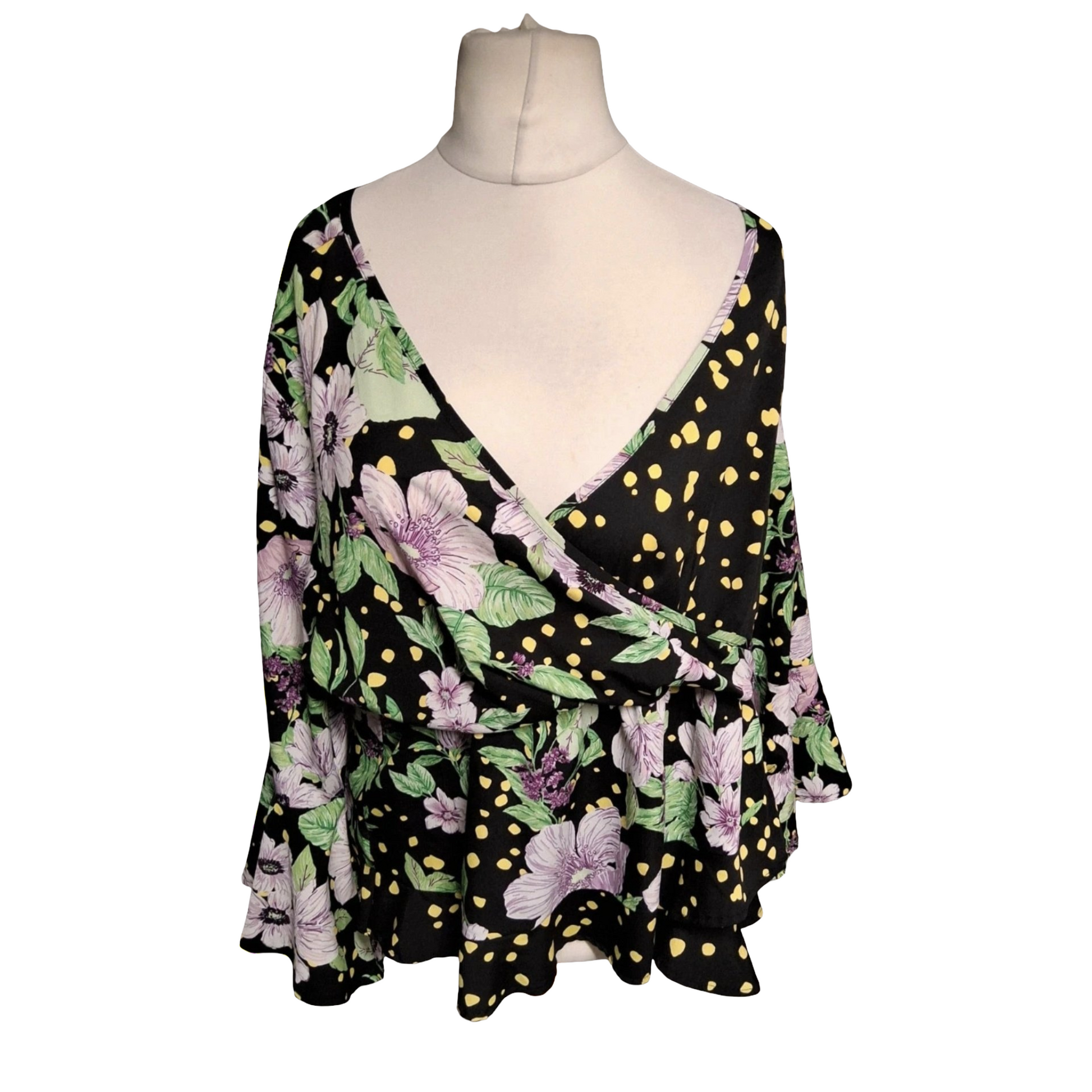 Simply Be Size 22 Wrap Peplum Top – Floral & Polka Dot Print with Flared Sleeves – Statement Style