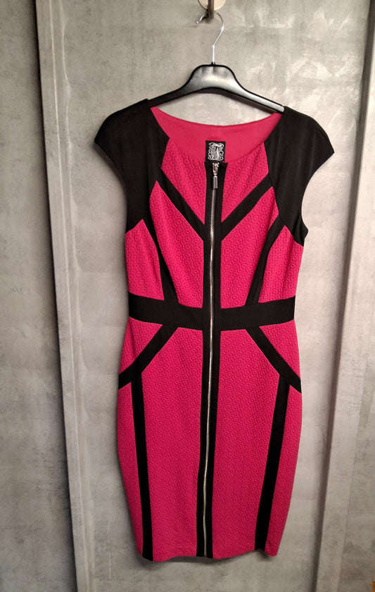 Jax Pink & Black Zip Front Bodycon Midi Dress – UK 6/8 – Bold Contrast Panels – Party Ready