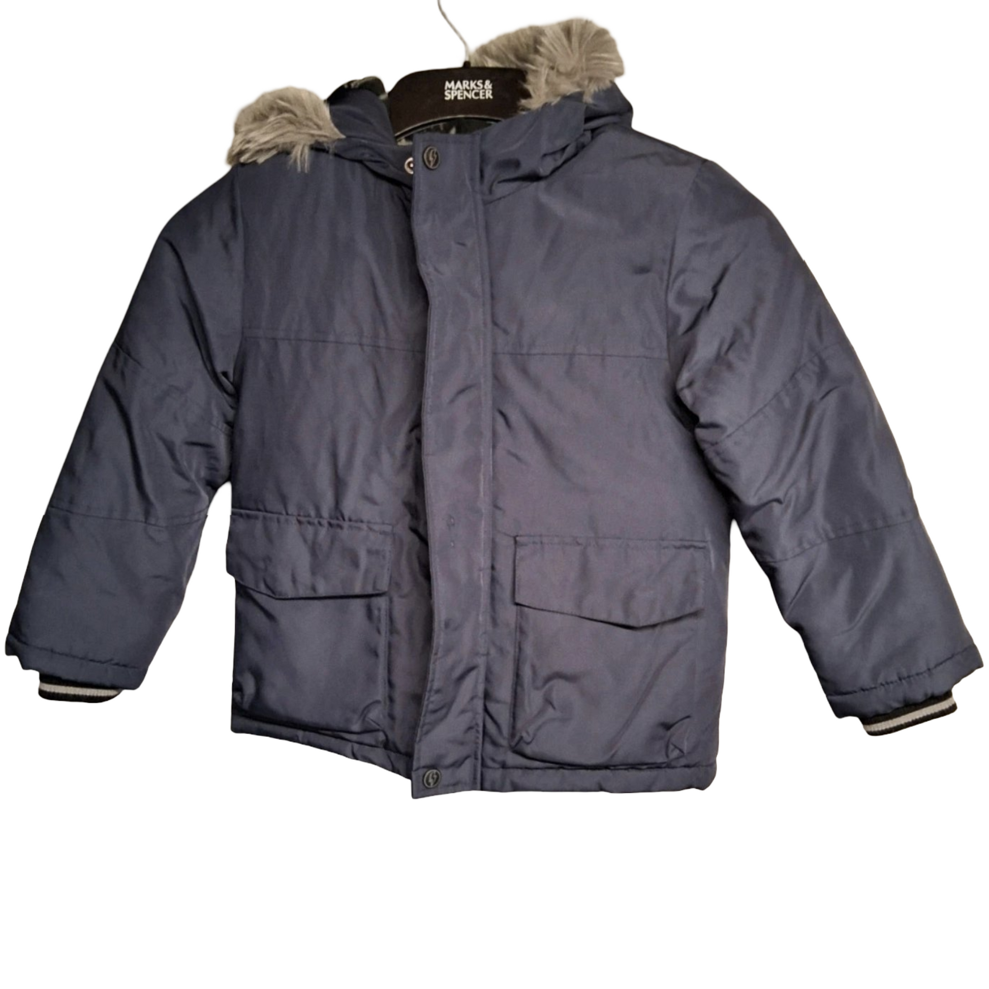 F&F Boys Navy Winter Coat – Faux Fur Hood, Age 5–6yrs