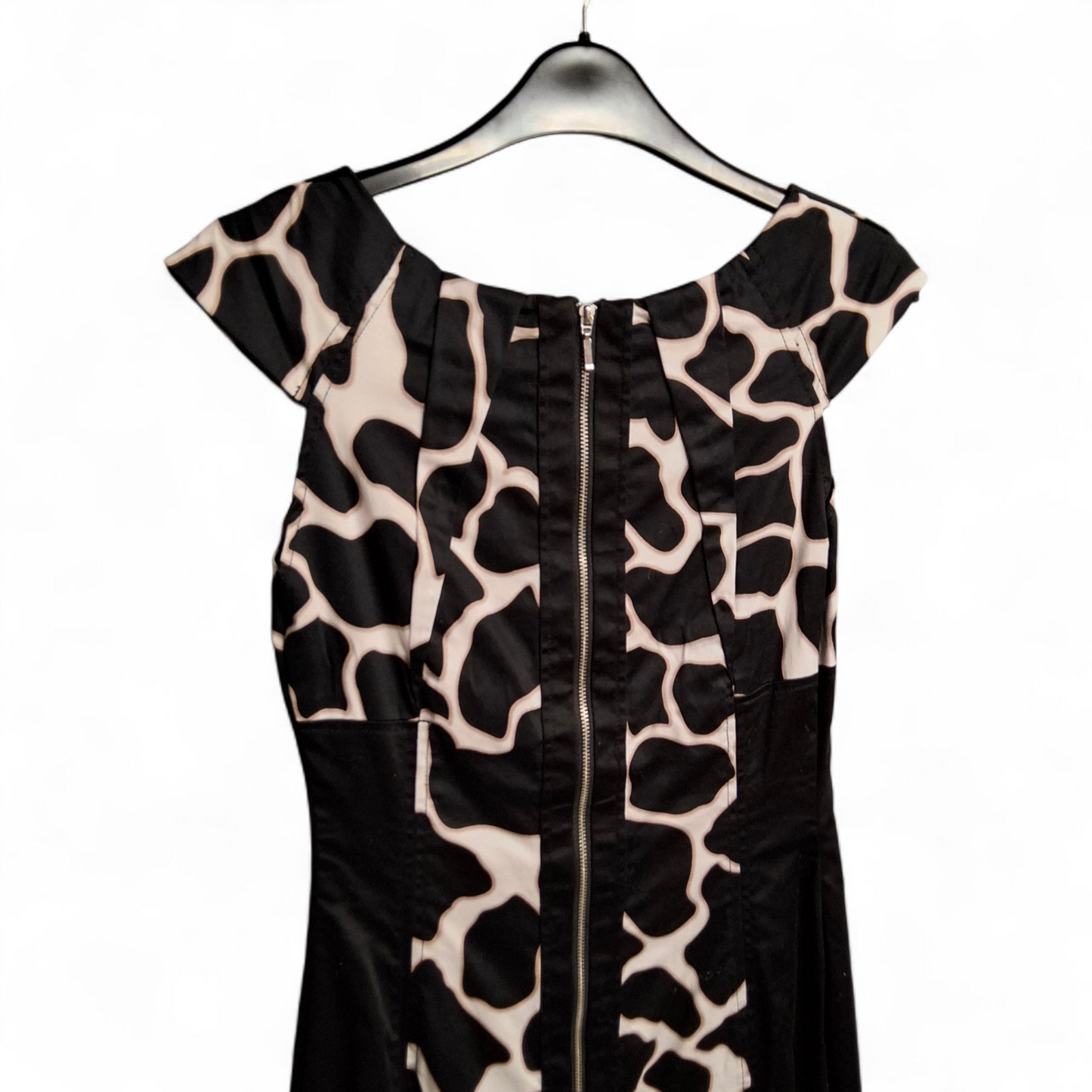Et Vous Black & Beige Animal Print A-Line Dress – Size 8 – Cap Sleeves & Zip Back