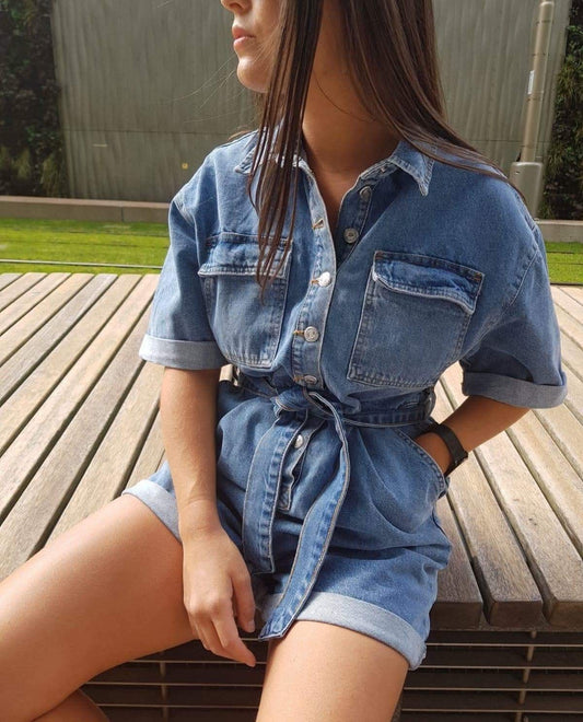 Topshop Denim Blue Boiler Suit Playsuit – Size 12 | 100% Cotton | Pockets & Belted Waist