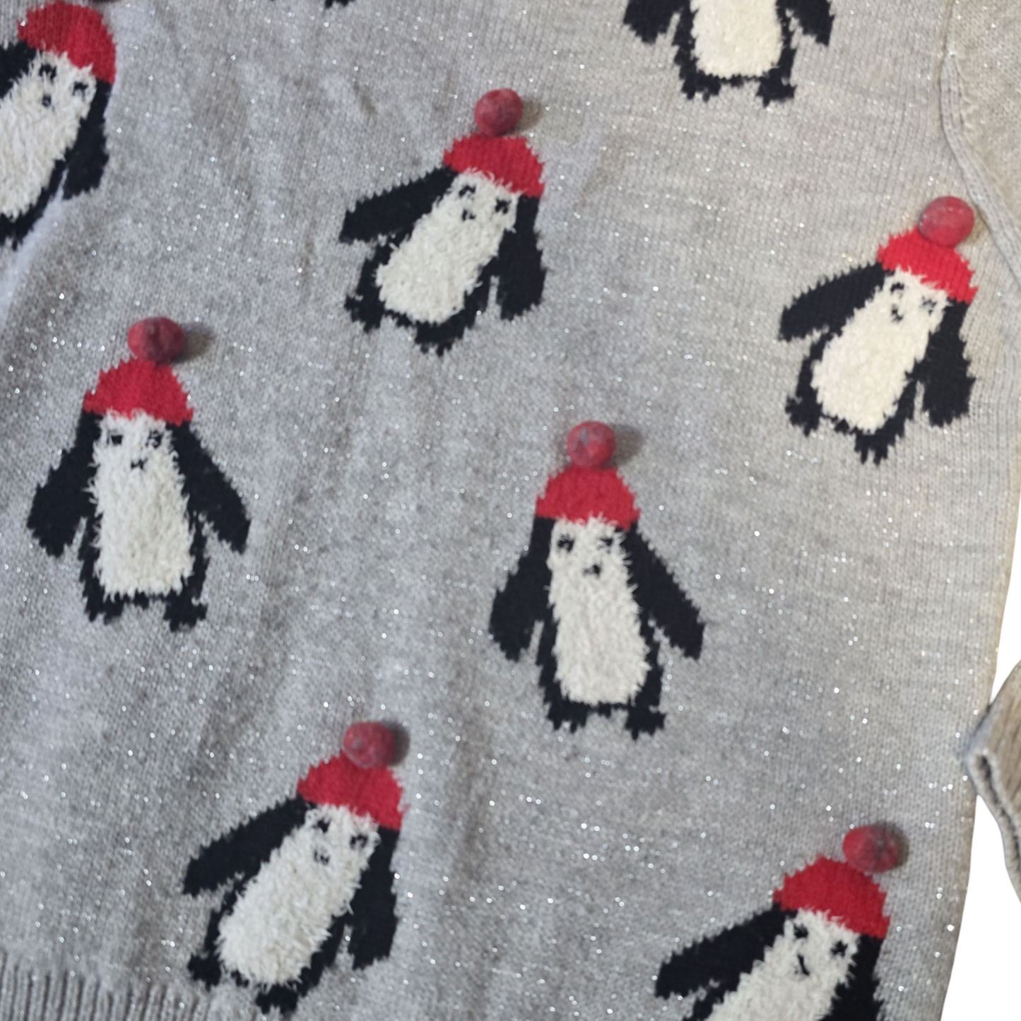 M&S Grey Girls Christmas Jumper – 11/12yrs – Penguin Pom Pom Knit Festive Sweater