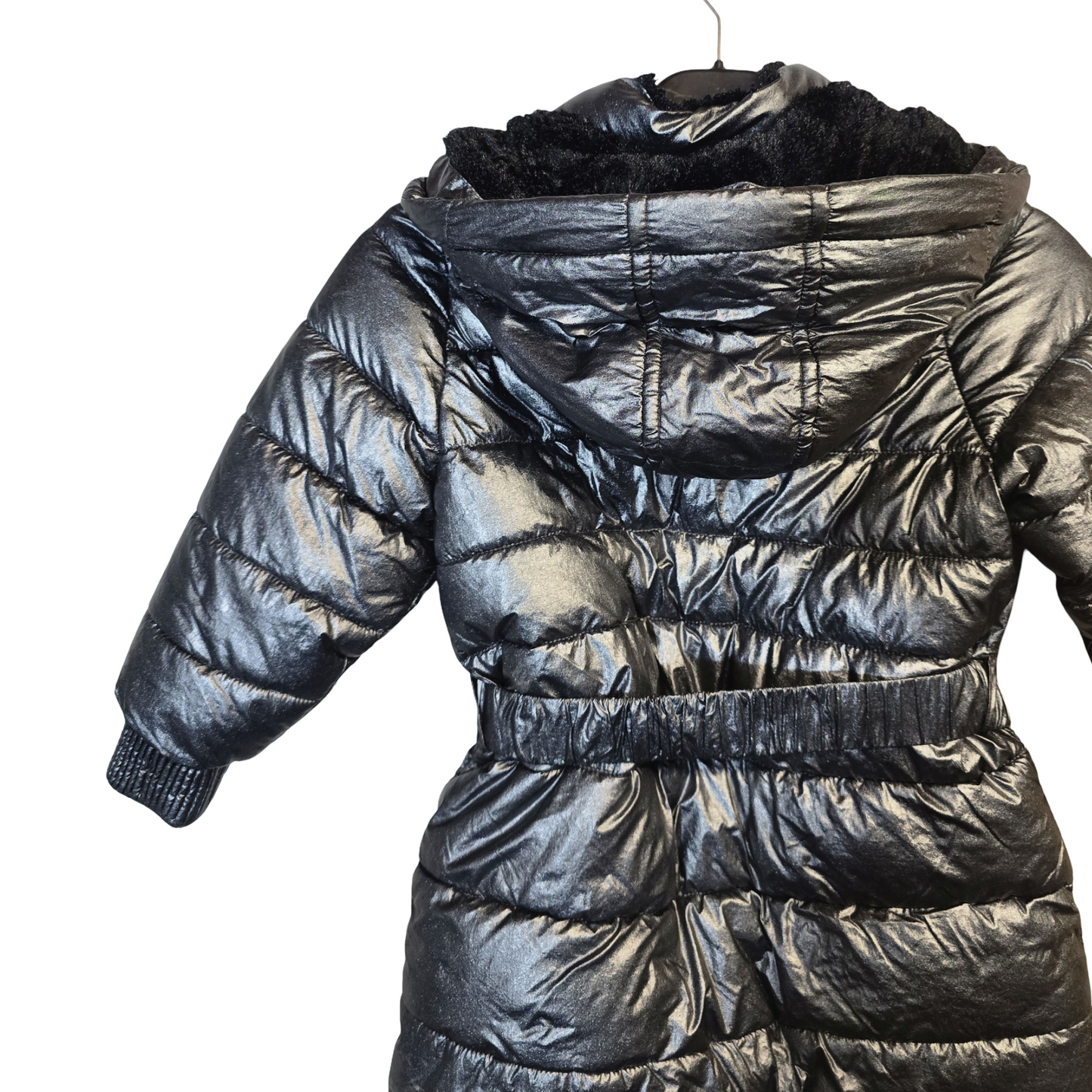 M&S Black Metallic Puffer Jacket – Fleeced Hood & Collar, Size 3–4 Years Girls