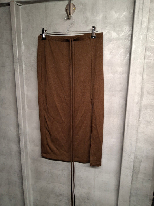 H&M Brown Glitter Bodycon Skirt – Size 8, Knee Length with Tie Detail
