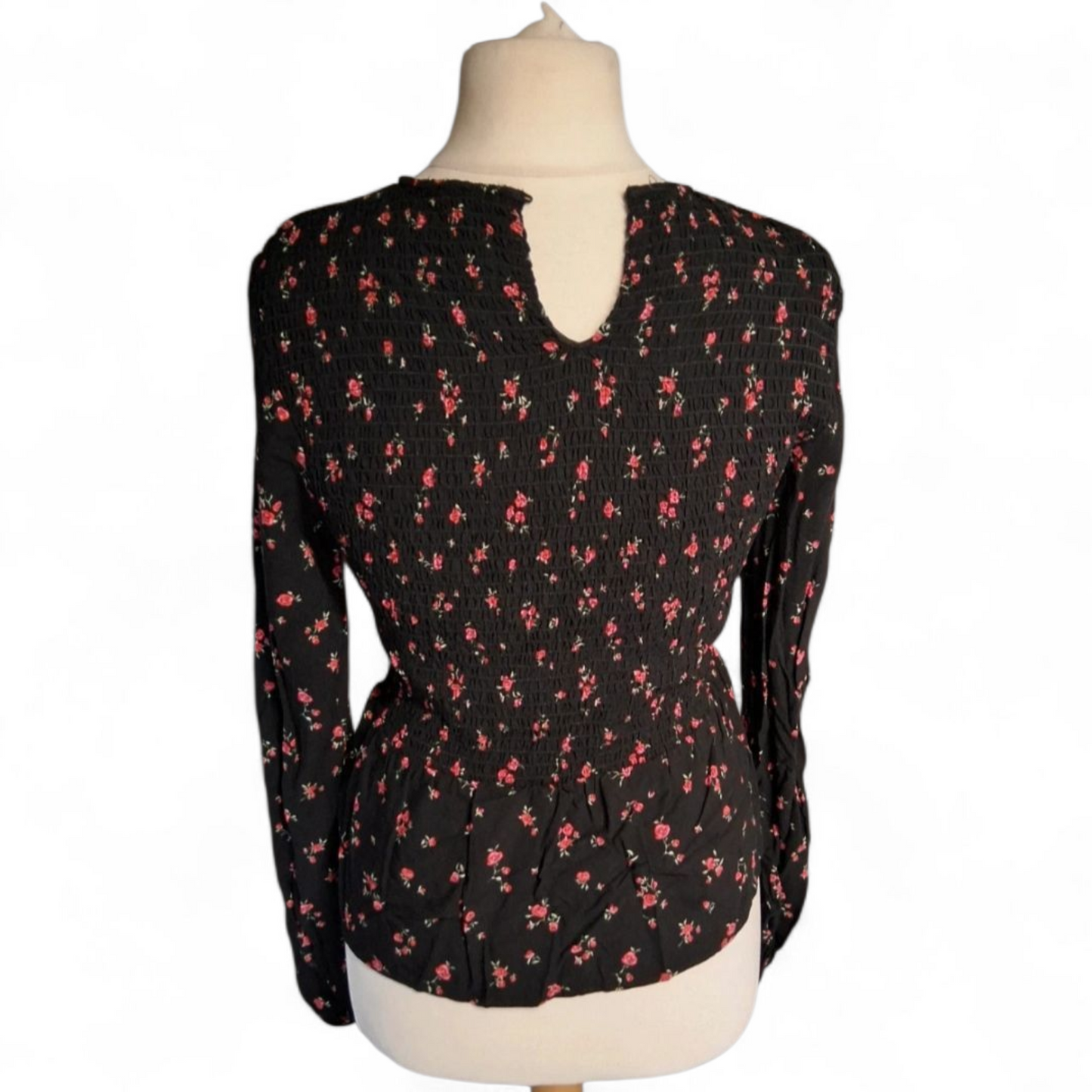 H&M Black & Red Floral Long Sleeve Top – Size UK 14 (Fits size 12/14)