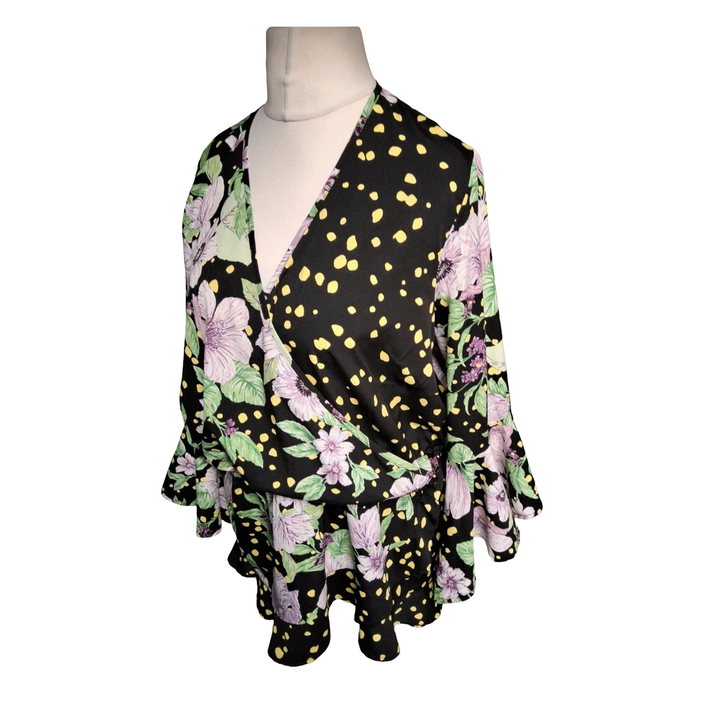 Simply Be Size 22 Wrap Peplum Top – Floral & Polka Dot Print with Flared Sleeves – Statement Style