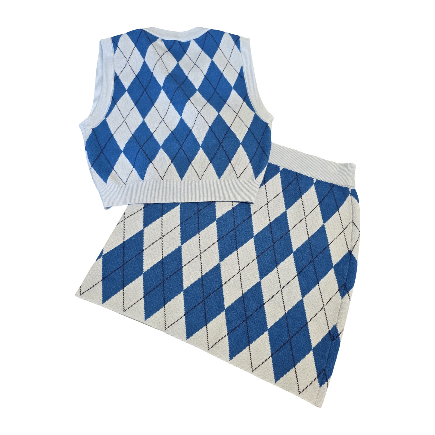 Shein Blue Argyle Knit 2 Piece Set – Mini Skirt & Crop Tank Top – Size XS