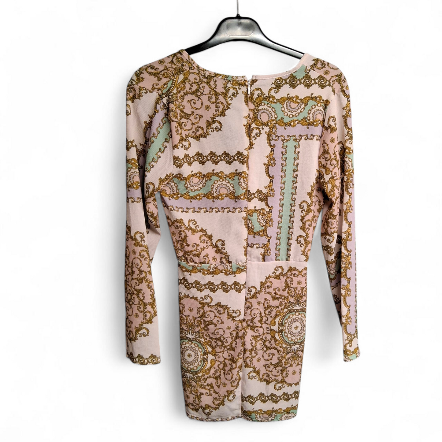 Boohoo Petite Light Pink Patterned Mini Dress | Knot Wrap Front | Long Sleeves | V-Neck | Size 8