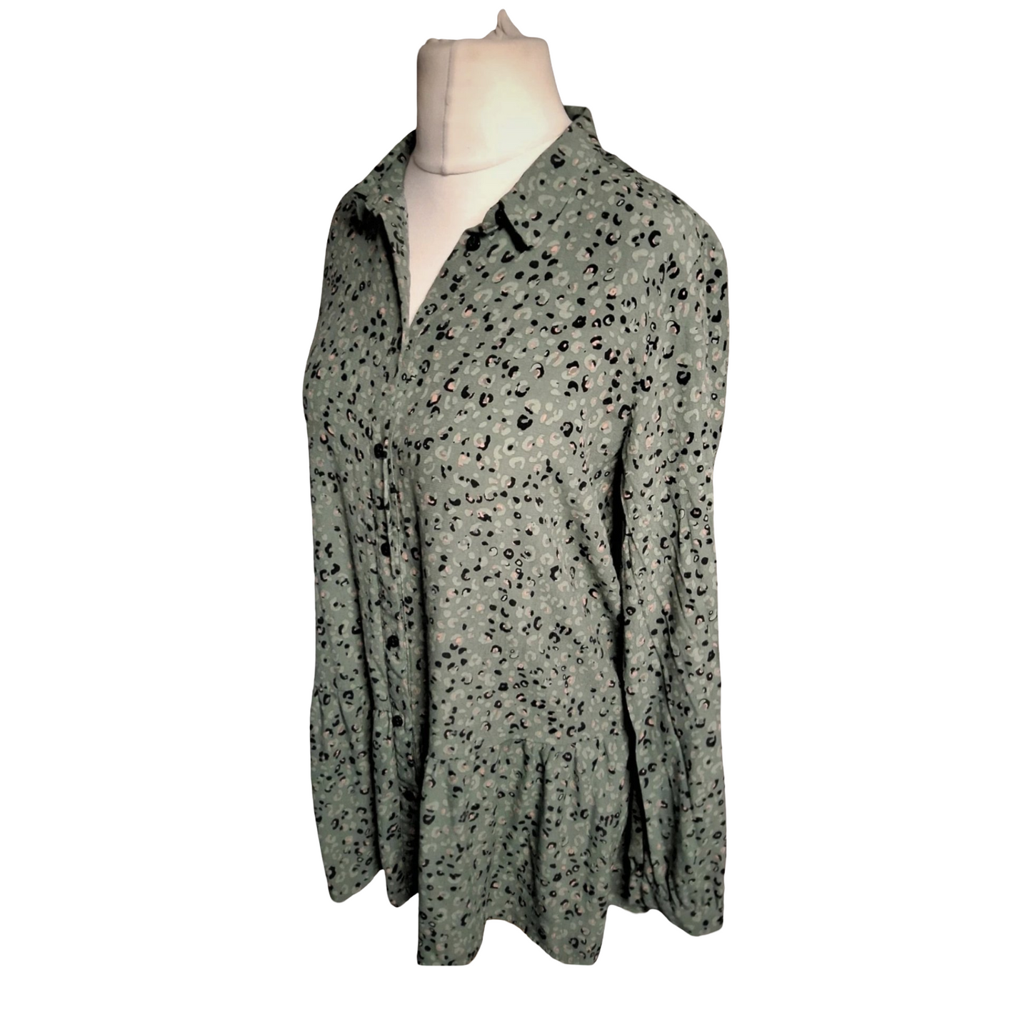 Reserved YFL Khaki Green Animal Print Shirt – Frill Hem – Size 12 – Button Front