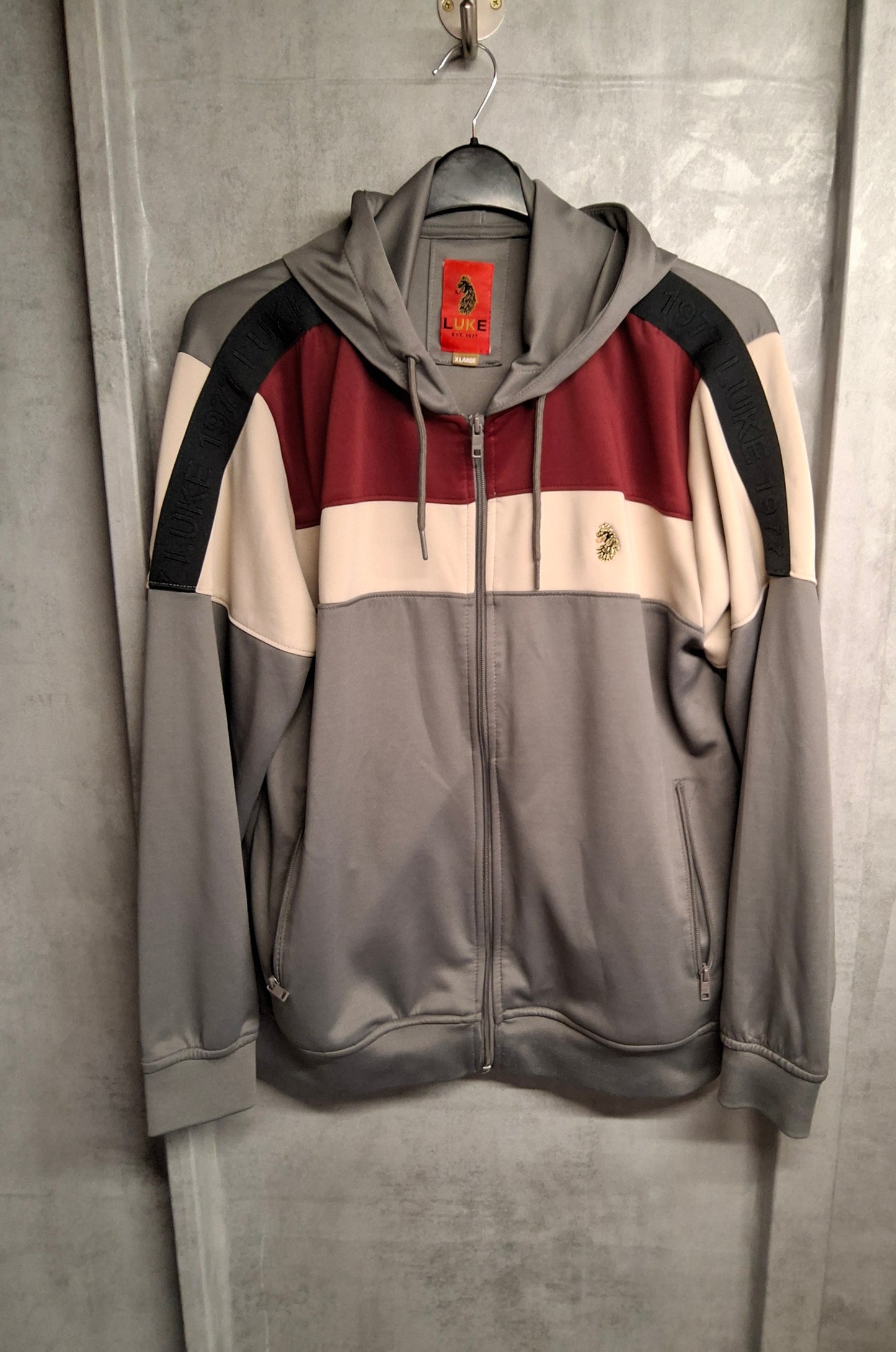 Luke Men’s Grey Beige & Burgundy Zip Up Hoodie – XL – Drawstring Hood & Zipped Pockets