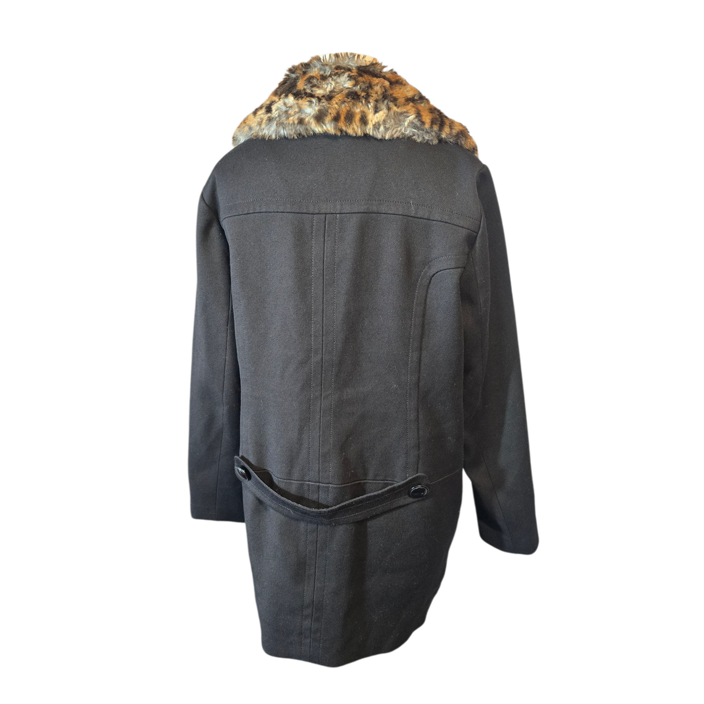 Next Black Midi Coat – Size 14 – Detachable Leopard Faux Fur Collar & Button Up