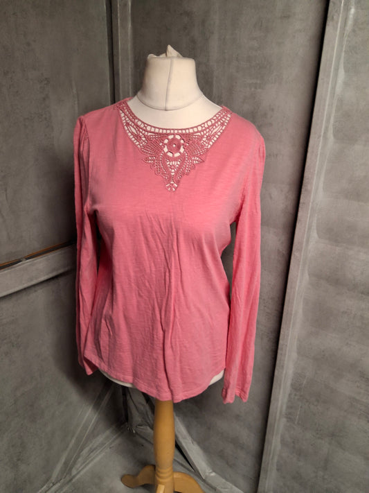 White Stuff Pink Cotton Embroidered Long Sleeve Top Size 14
