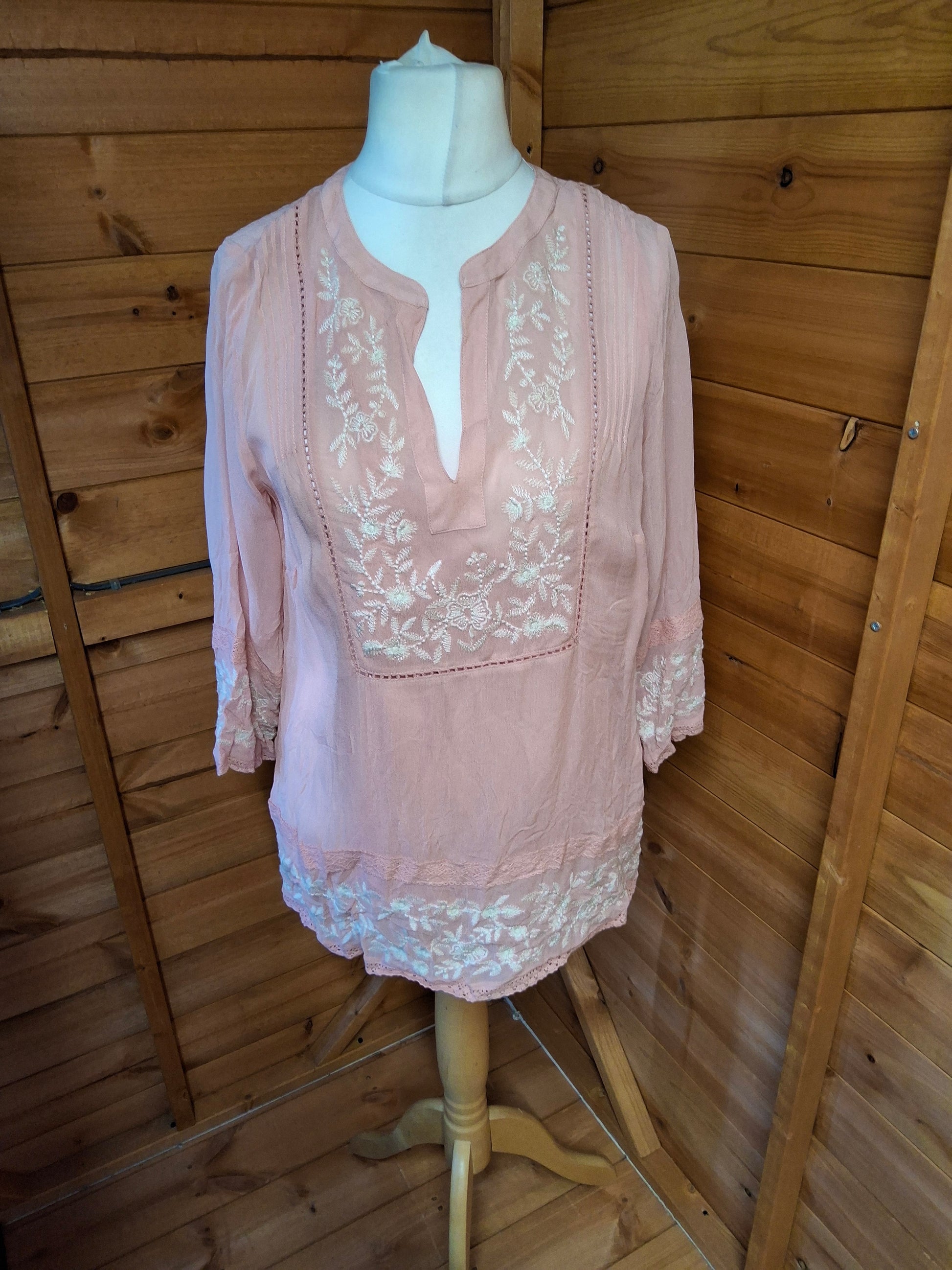 Monsoon Light Pink Embroidered Blouse – Size 12 – 100% Viscose – NWT RRP £49