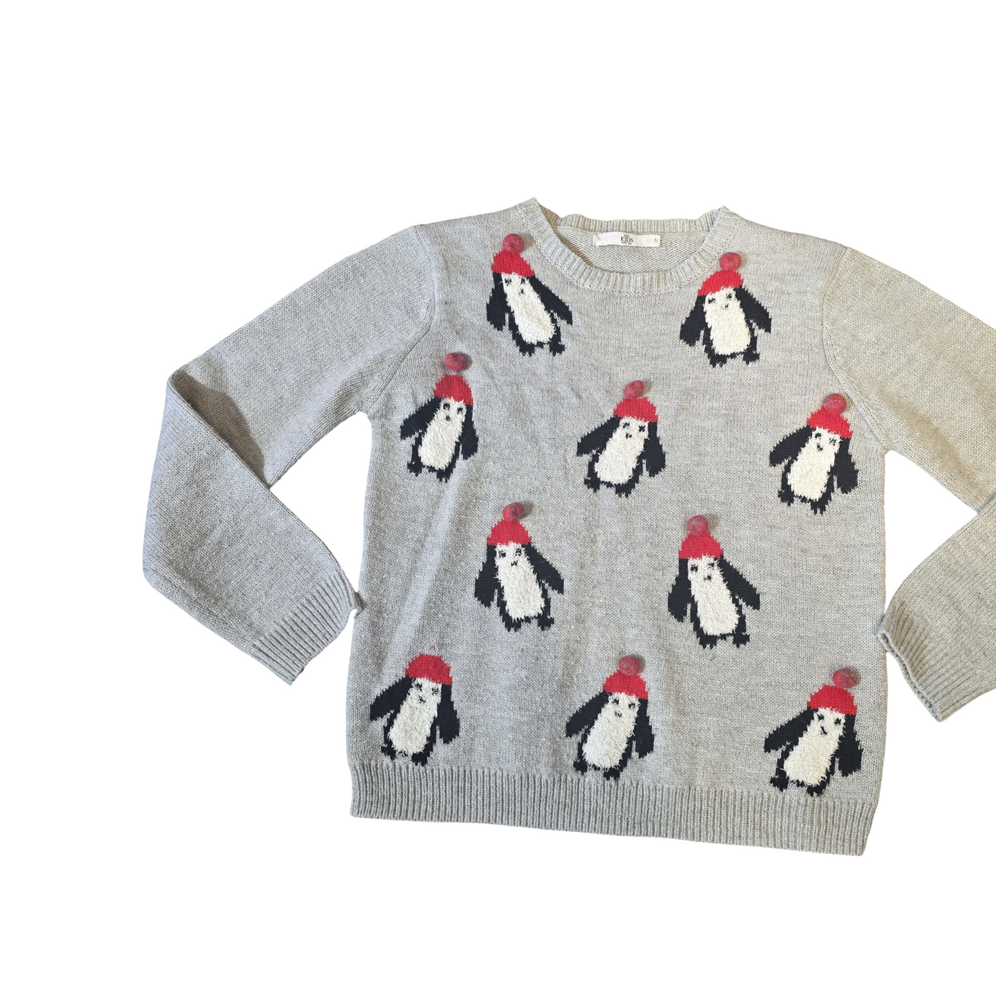 M&S Grey Girls Christmas Jumper – 11/12yrs – Penguin Pom Pom Knit Festive Sweater