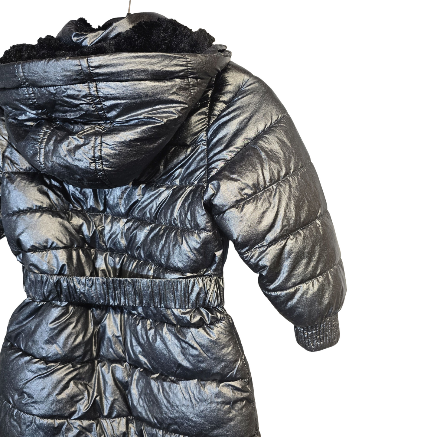M&S Black Metallic Puffer Jacket – Fleeced Hood & Collar, Size 3–4 Years Girls
