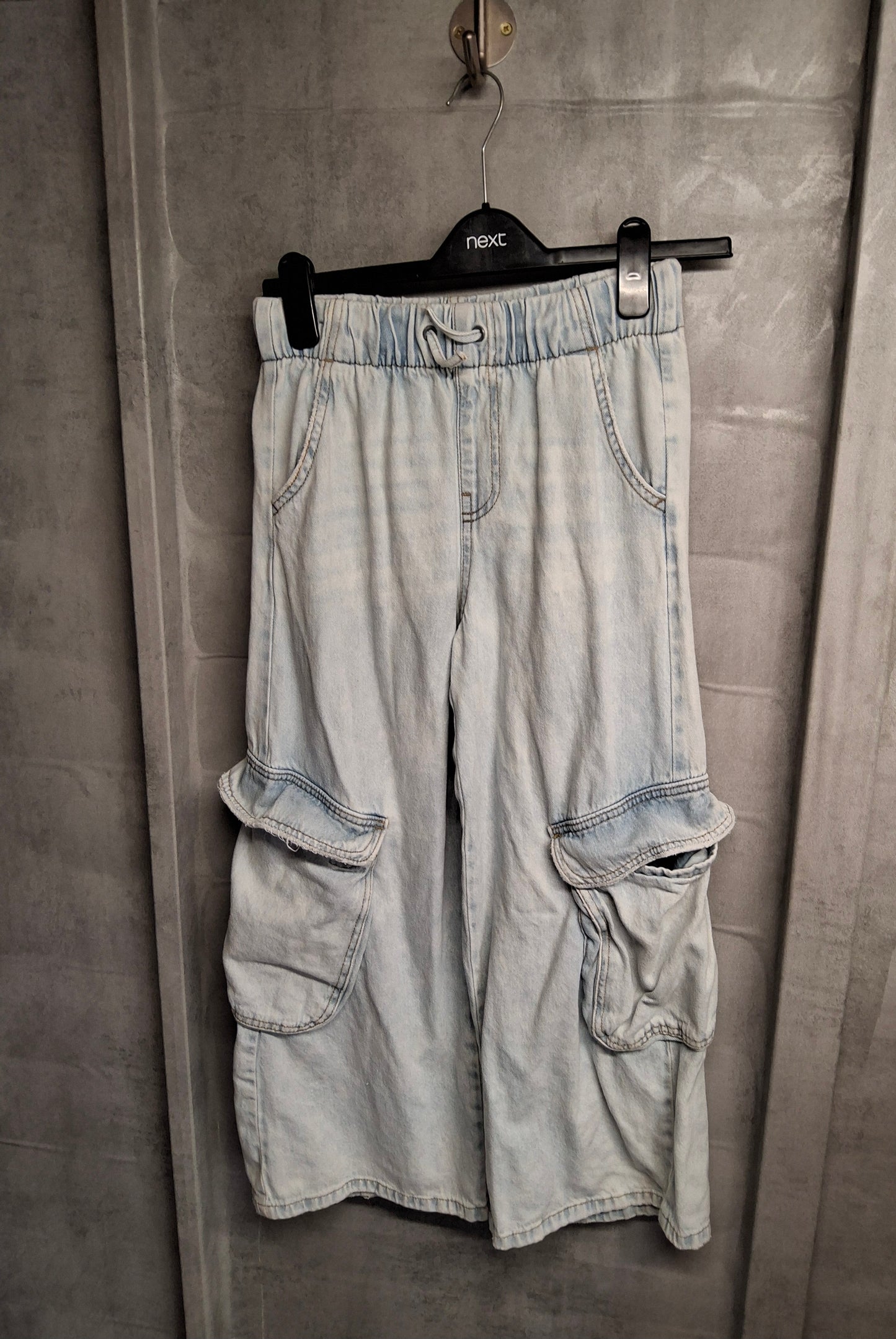 Zara Kids Light Blue Baggy Flared Cargo Jeans – Size 11-12 Years – Elasticated Waist