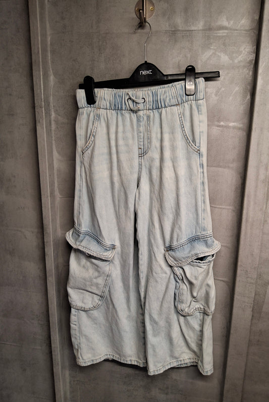 Zara Kids Light Blue Baggy Flared Cargo Jeans – Size 11-12 Years – Elasticated Waist