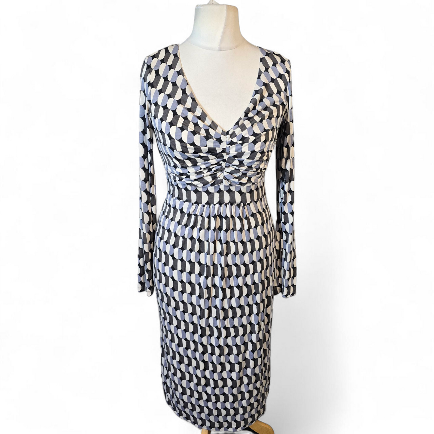 Boden Black, Grey & White Circle Print Midi Dress – Size 8L – Lyocell