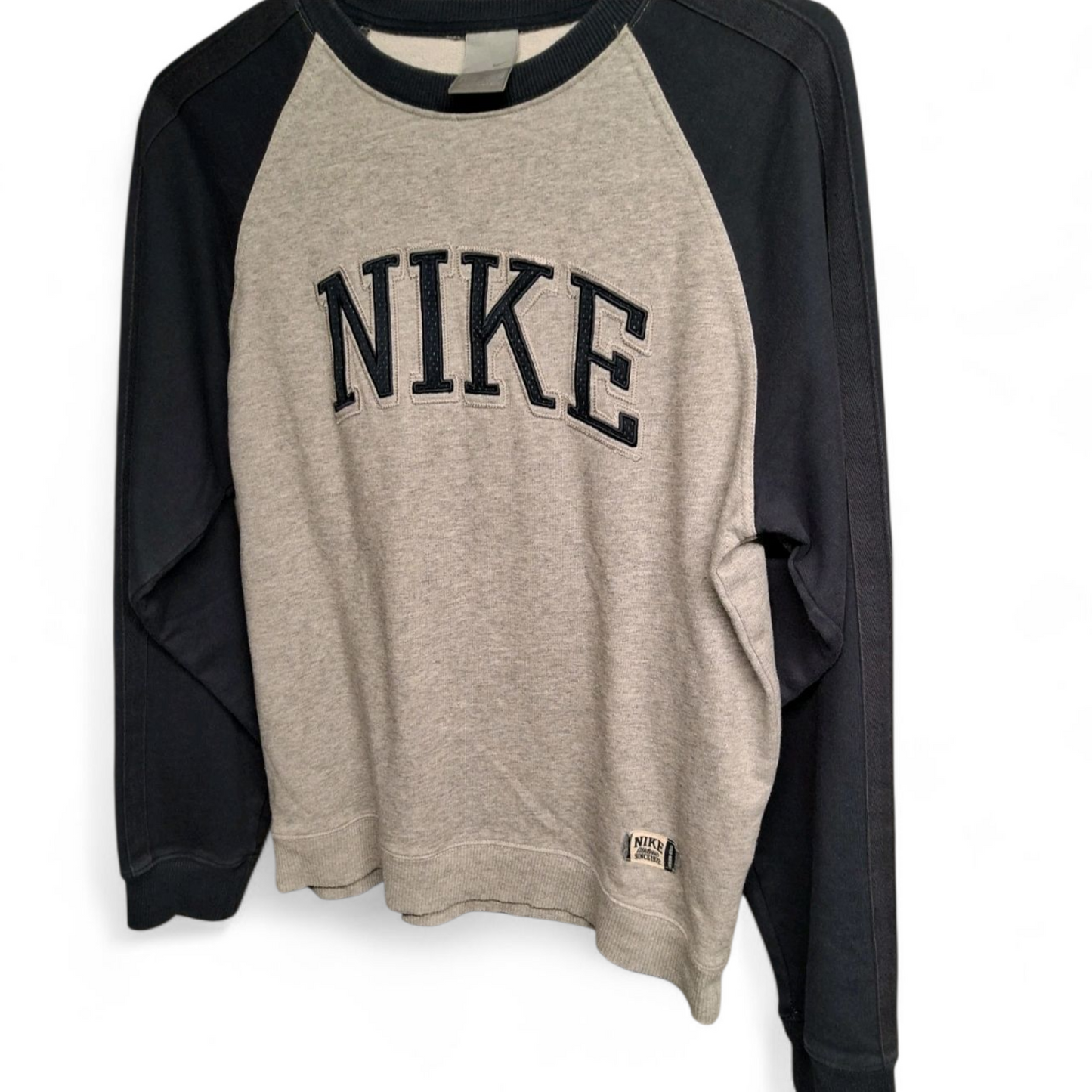 Men's Y2K Nike Grey & Navy Sweater – Small, Long Sleeve, Crew Neck, Logo Front, Sporty Retro Fit