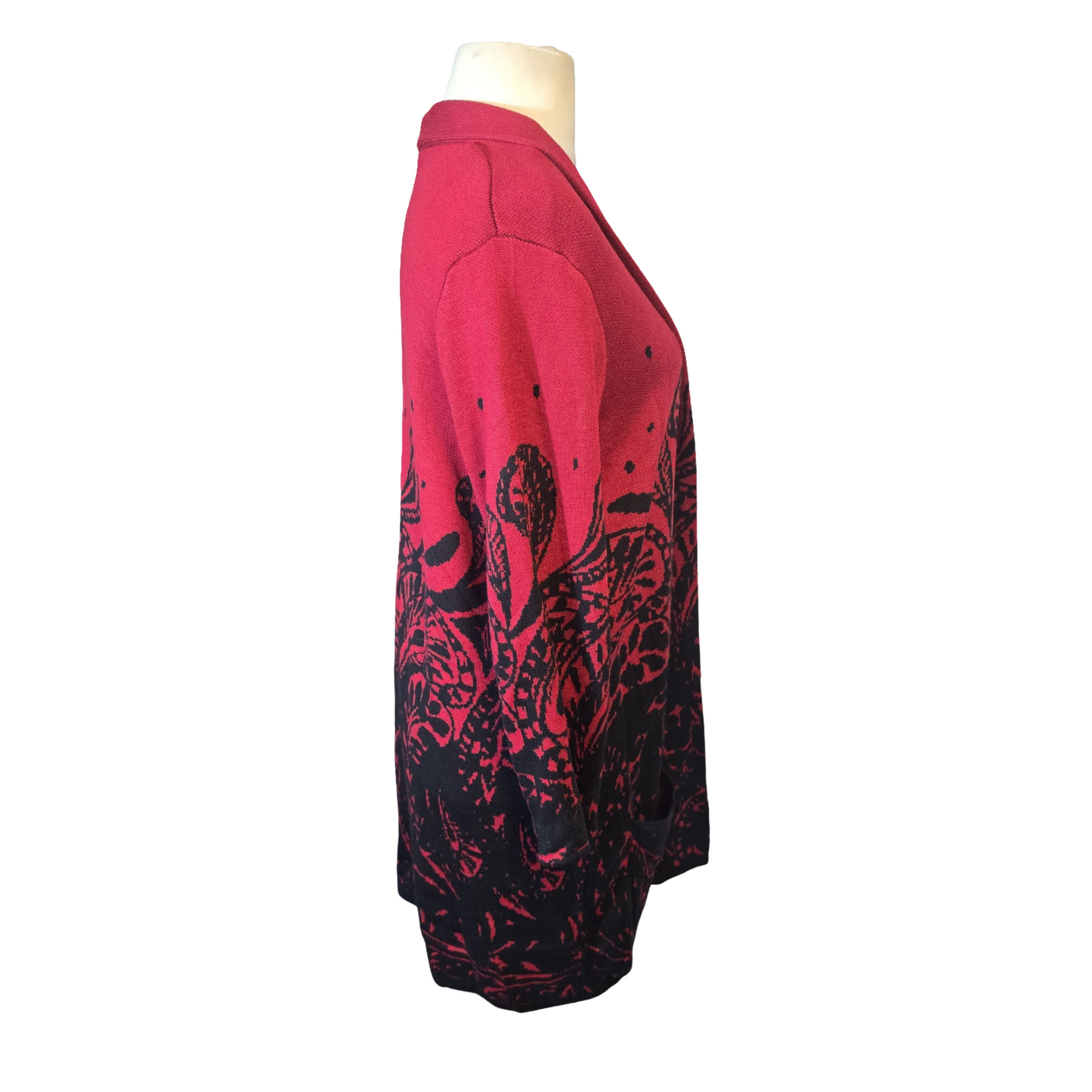 Damart Red & Black Floral Midi Open Cardigan – Size 18/20 Pockets