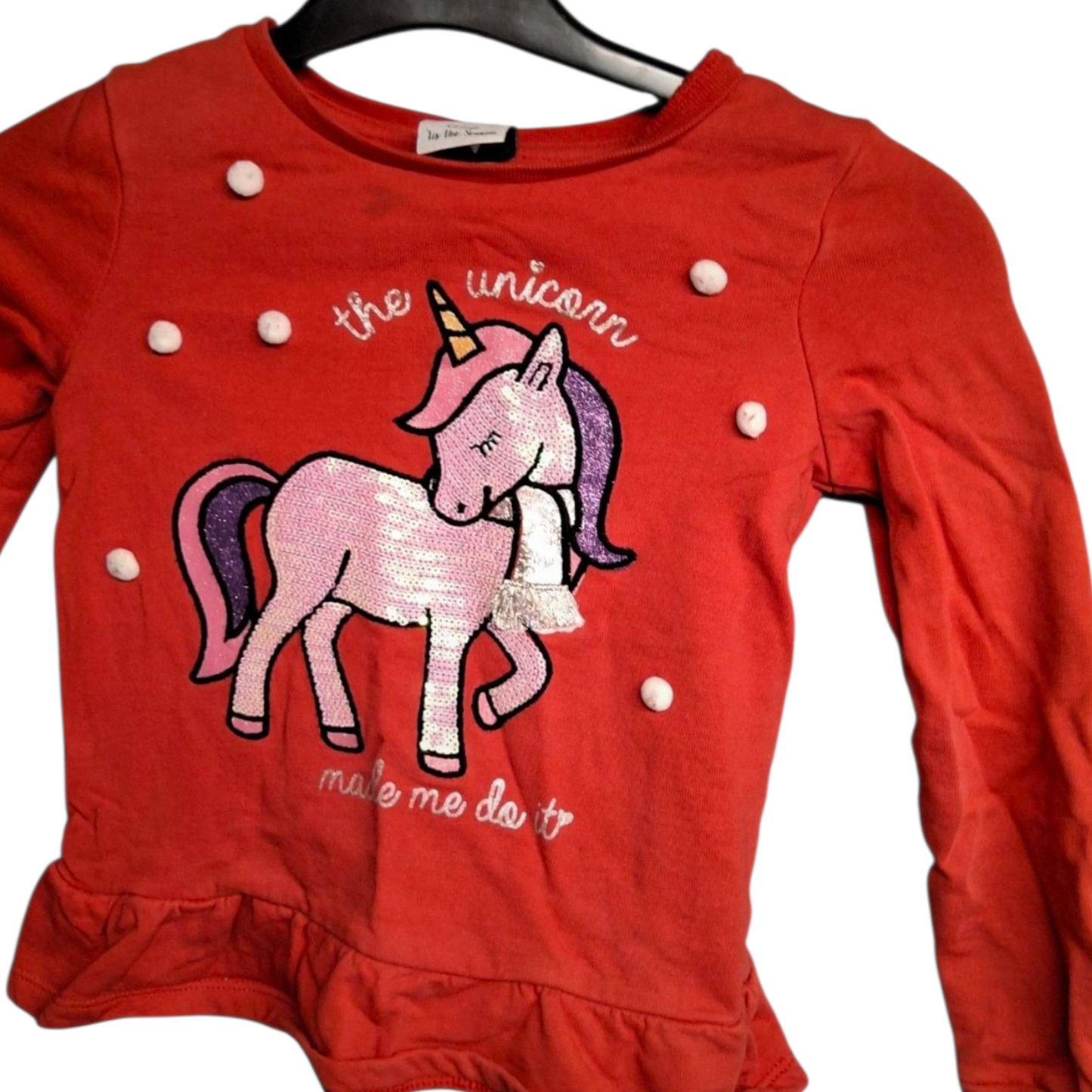 George Girls’ Unicorn Christmas Jumper – Red Peplum Sweatshirt – Age 5–6 Years