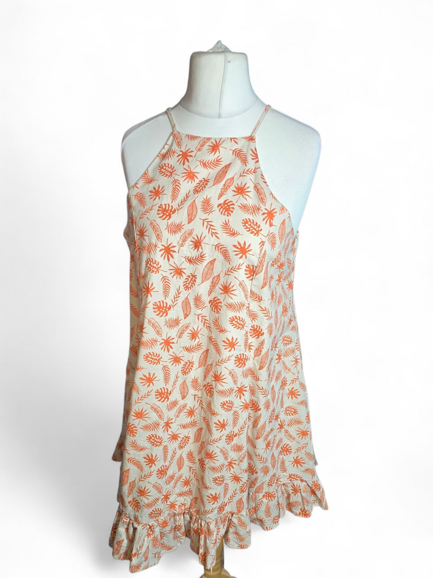 Glamorous Beige & Orange Floral Dress Size 14 – Sleeveless, Frilly, Button Back, Knee Length