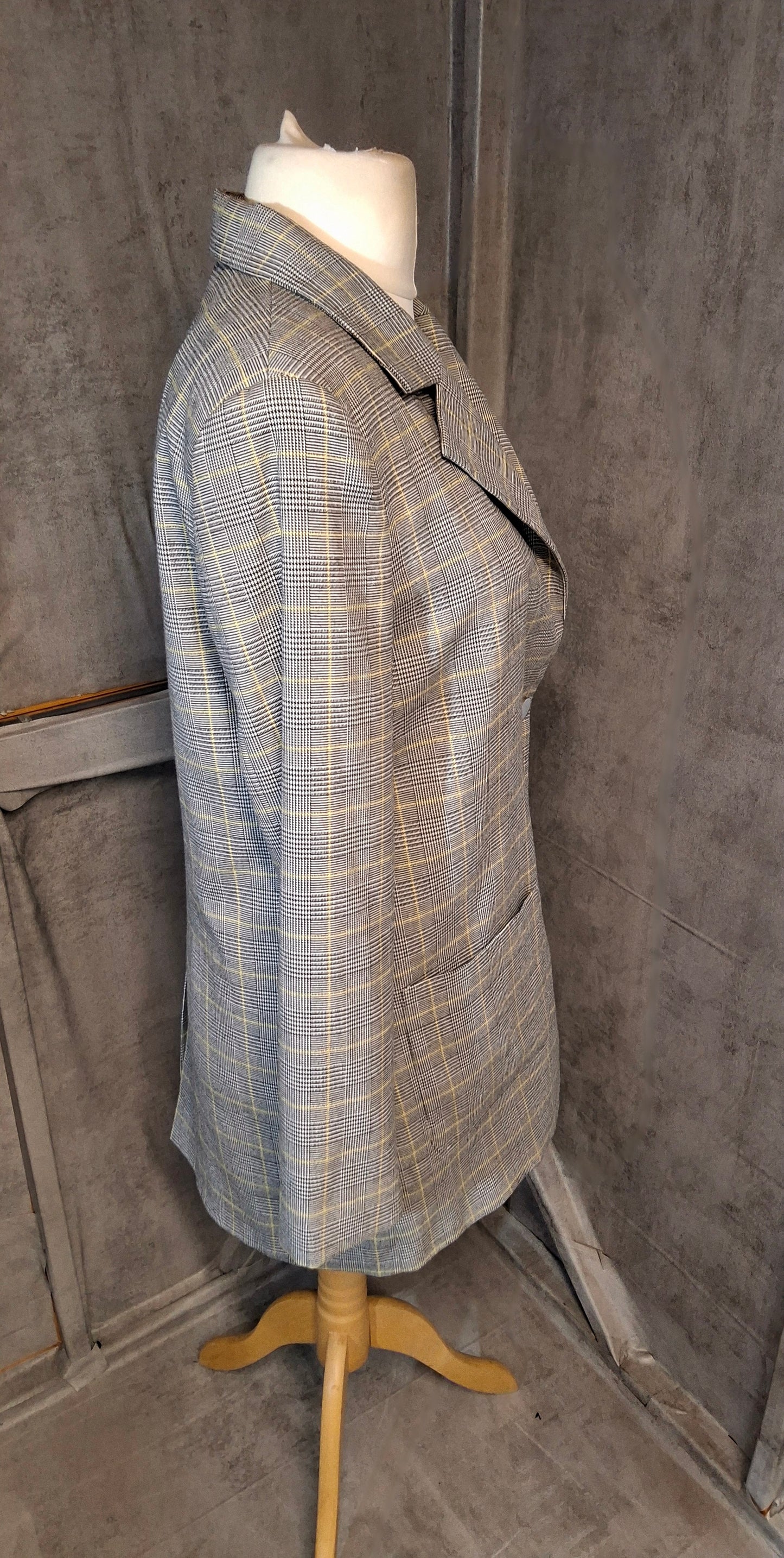 M&S Grey & Yellow Check Oversized Midi Blazer – Size 10