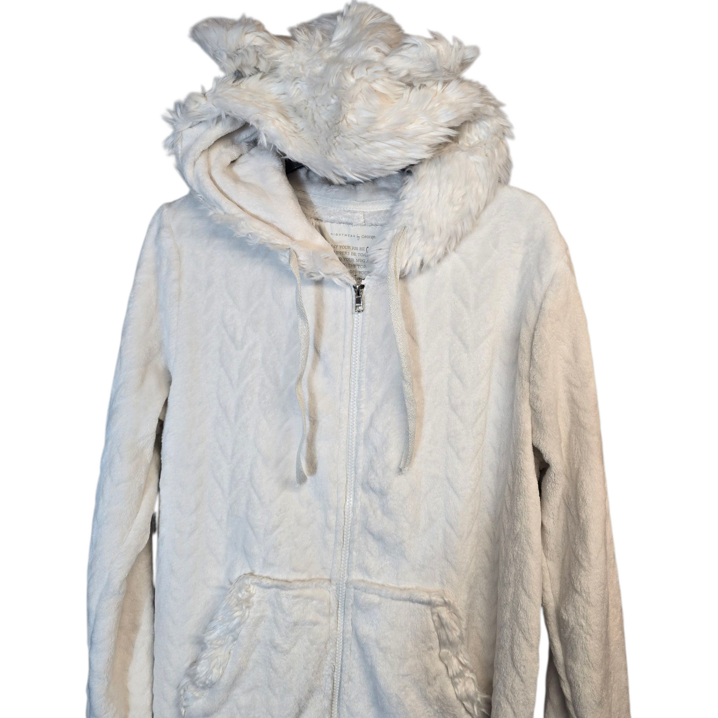 George White Fleeced Onesie with Teddy Bear Hood – Size M (UK size 12/14)