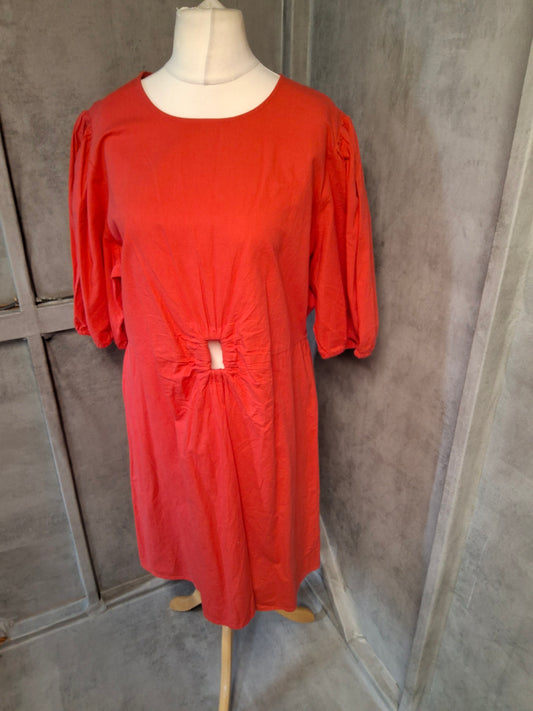 Primark Red Linen Blend Puff Sleeve Cut-Out Dress – Size 20