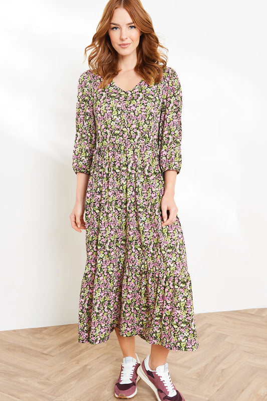 Nutmeg Pink & Green Floral Midi Dress – Size 12
