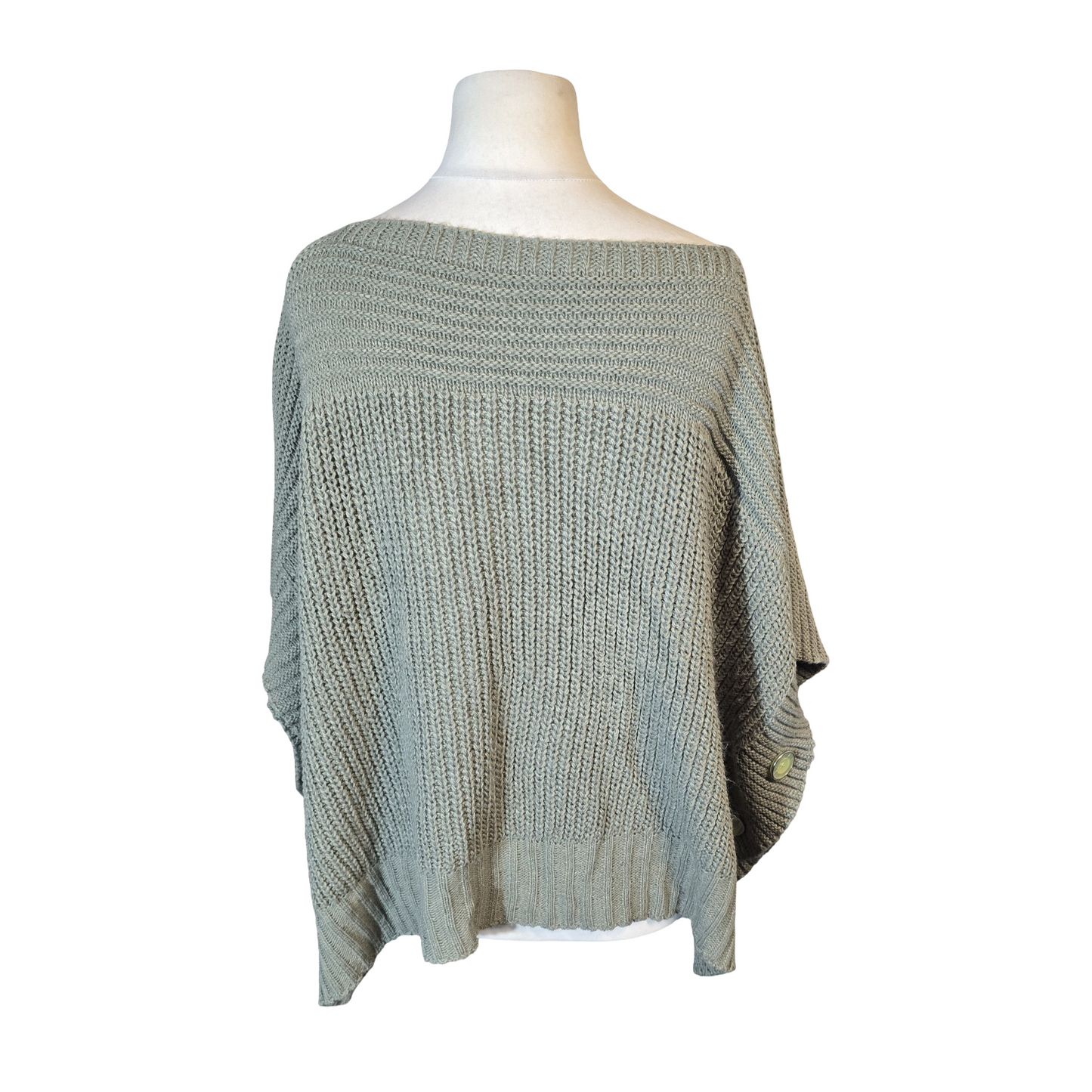 Khaki Green Oversized Knitted Jumper – Button Sleeve Detail – One Size Plus Fit